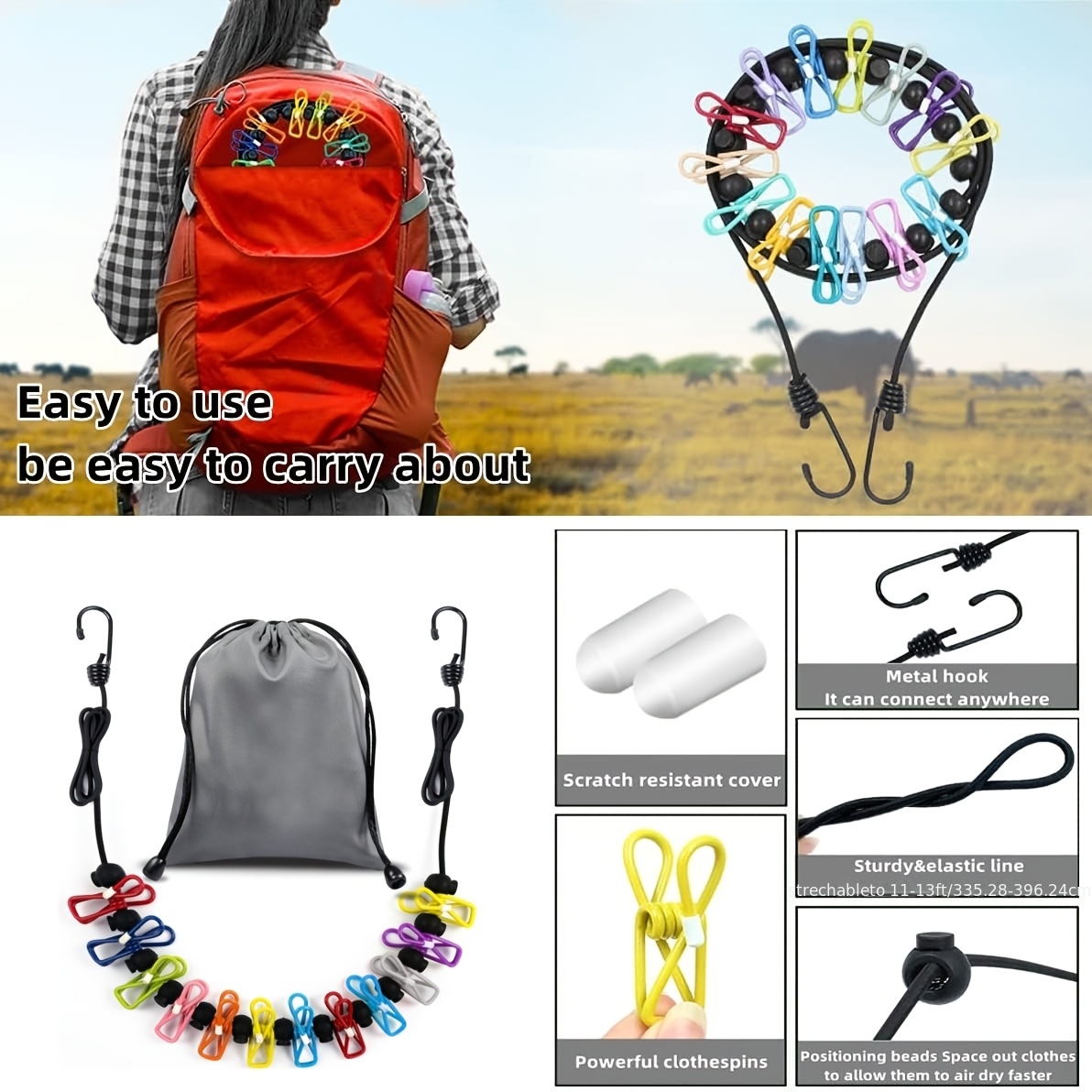 Travel Accessories Online - 2-piece camping portable clothesline, equipped with